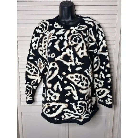 Chai's Black/Tan Animal Print Crew Neck Sweater Long Sleeve Size Large Thick