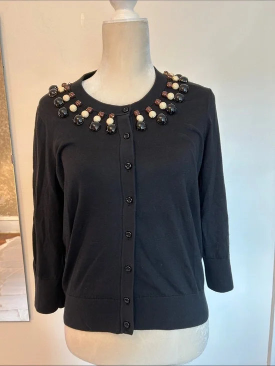kate spade Black Embellished Crewneck Cardigan with Ivory and Brown Beads