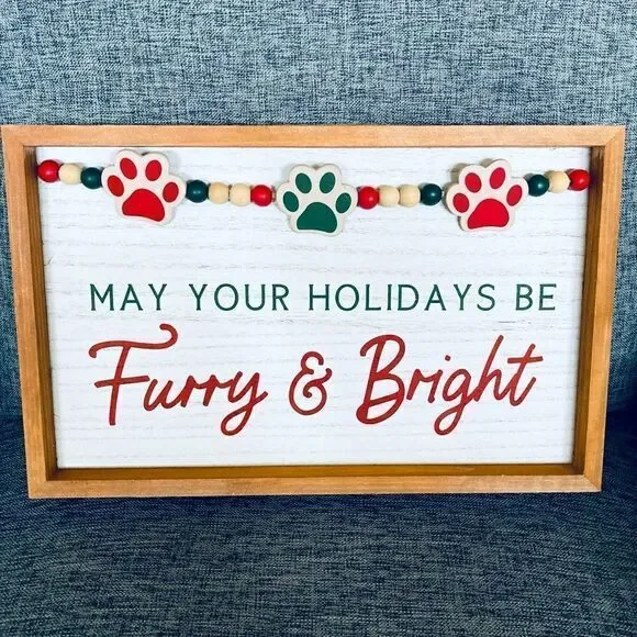 Furry & Bright Christmas Dog Paw Wood Wall Decor Sign