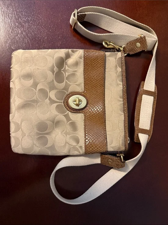 Coach Beige Signature Crossbody with Brown Leather Trim