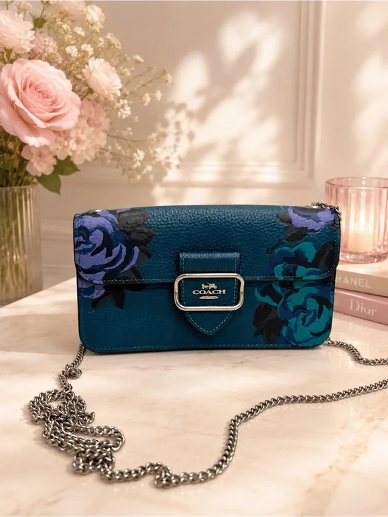 COACH Morgan Crossbody Jumbo Floral  Leather X-body Deep Turquoise Multi CE667