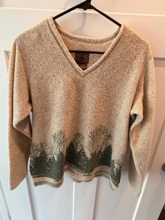 St John’s Bay Sherpa Sweater M Beige Forest Print Cozy Fleece Pullover