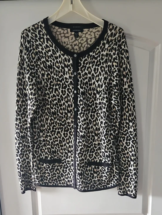 Lands' End Black and Cream Leopard-Print Button Tall Cardigan