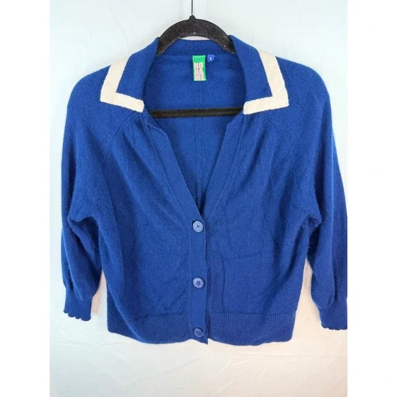 No Name Royal Blue 100% Cashmere Cardigan Sweater Cream Polo Collar Small