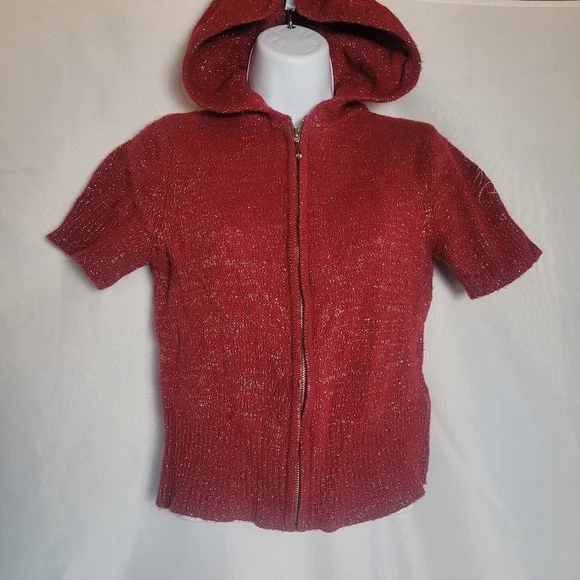 Harley Davidson Hooded Short Sleeve FullZip Wool Blend Sweater Size M Red/Silver