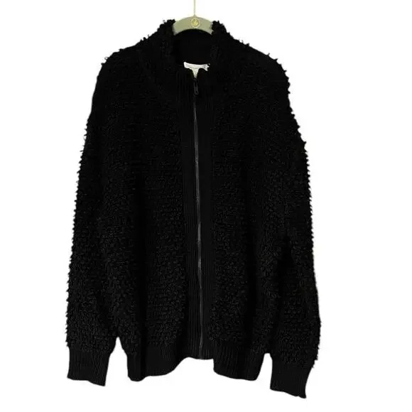 Treasure & Bond Womens Black Fuzzy Cozy Loop Yarn Front Zip Cardigan Large NWT
