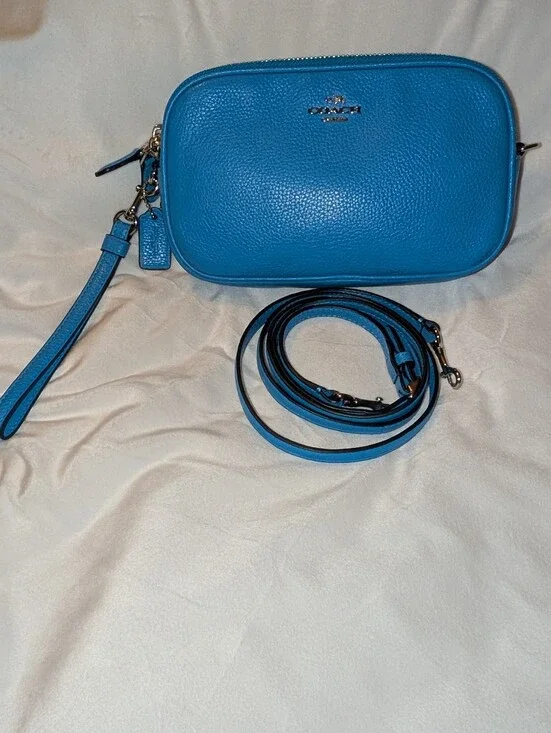 Coach Sadie Pebbled Leather Crossbody Clutch in Azure Blue Silver VGUC