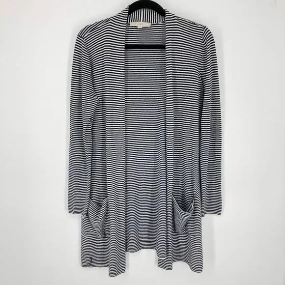 Loft Cardigan‎ Womens Medium Navy Striped Longline Open Front Pockets