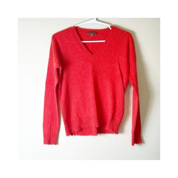 Lilla P 100% Cashmere V-neck Sweater Orange Distressed Hem XS