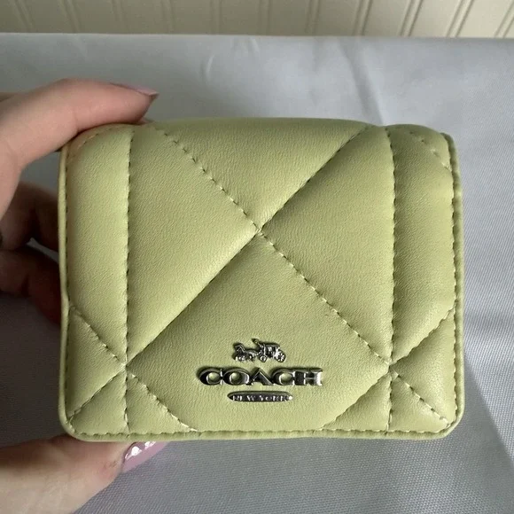 Coach Mini Wallet On A Chain With Puffy Diamond Quilting Light Lime Green Silver