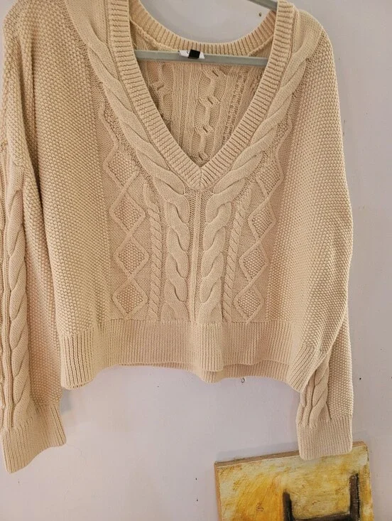 Cabi XL Fisherman Cream Cable Knit V-Neck Sweater