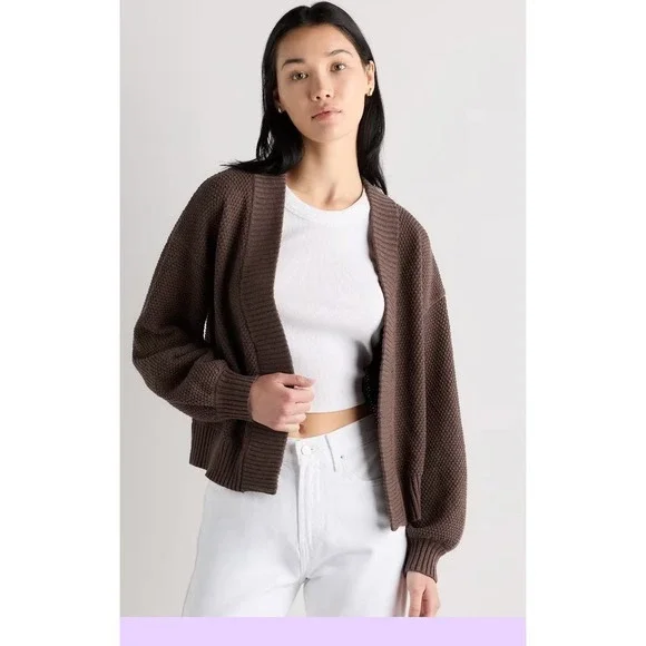 Quince 100% organic cotton waffle  open front Cardigan Sweater XS heather brown