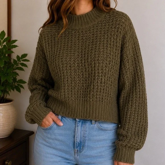 Poof Waffle Knit Sweater M Olive Mock Neck Chunky Cottagecore Cozy Pullover