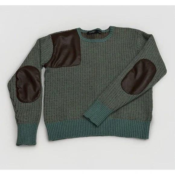 Ralph Lauren Faux Leather Trim Wool Blend Sweater Elbow Patches Green Womens M