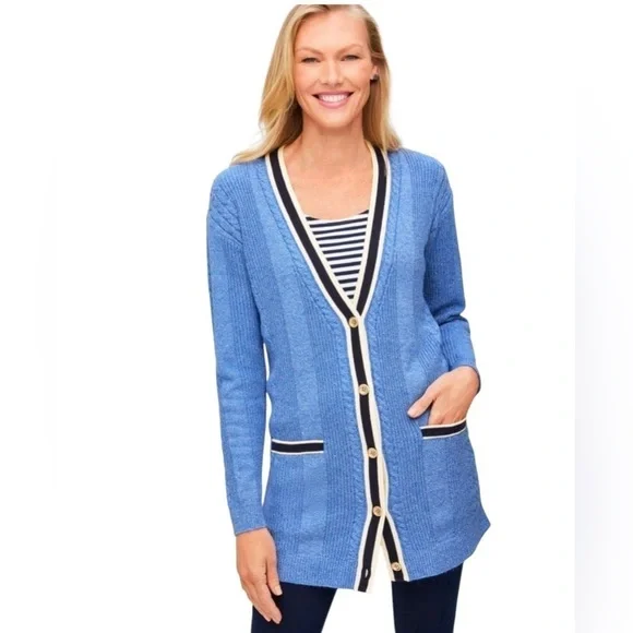 Talbots Iris Blue Cable Knit Tipped Girlfriend Cardigan Sweater Size L Preppy