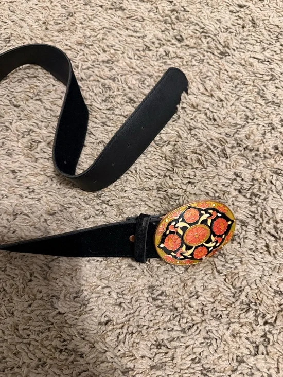 Black Velvet Women's Belt with Decorative Floral Oval Buckle