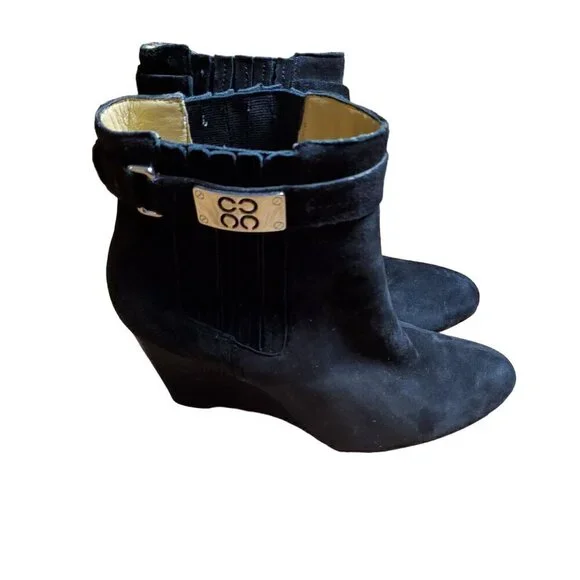 Coach Letty Suede Ankle Wedge Heel Boots Bootie Metal Logo Black Womens‎ 7.5 B