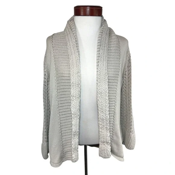 Elie Tahari Silk Cotton Open Front Cardigan Beige Braided Cable Knit Coastal M