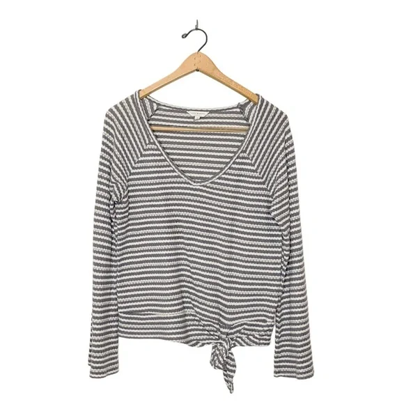 Lucky Brand Waffle Knit‎ Grey Stripe Tie Front Sweater Small S