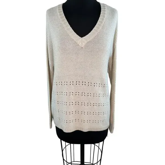Manoukian Ivory V-Neck Relaxed Fit Long Sleeve Knit Top Sweater Medium Large M/L