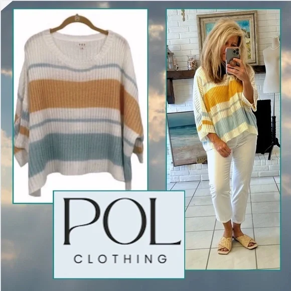 Anthro’s POL Sweaters Cable Knit Color Block,Sky Blue,Tangerine, Excellent Cond.
