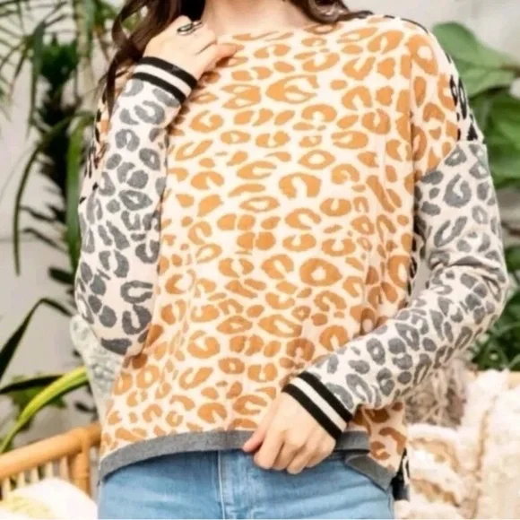 Anthroplogie THML Leopard Print Sweater with Gray Sleeves Artsy Drop Shoulders L