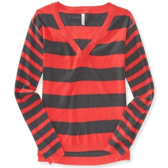 Aeropostale Red Gray Striped V-Neck Pullove Sweater Y2K Preppy Classic Medium