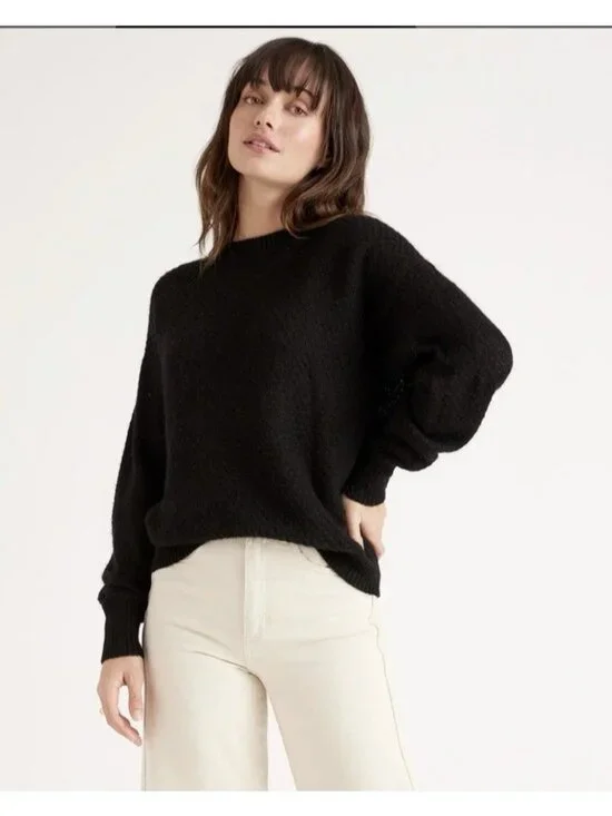 Quince Baby Alpaca Wool Diamond Stitch Crew Neck Sweater  Black Size S