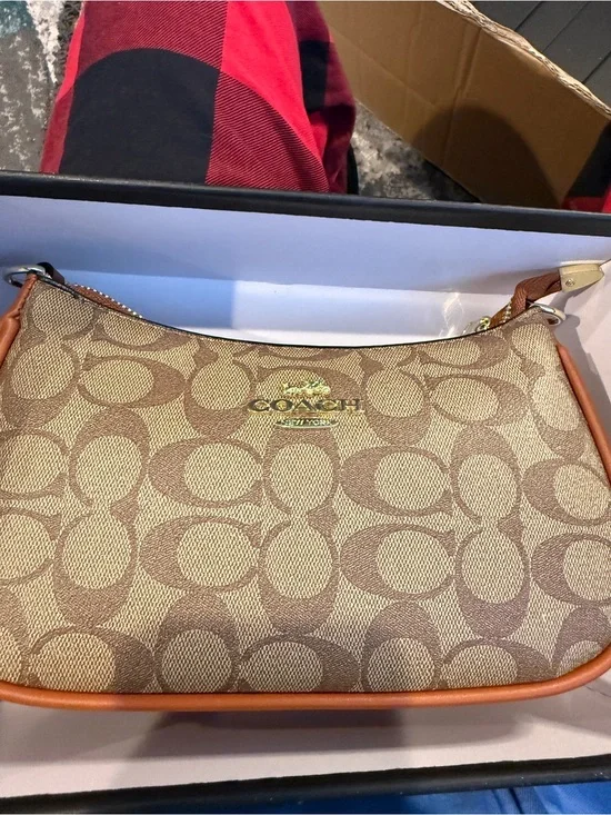 Coach Signature Canvas Shoulder Bag in Tan and Brown