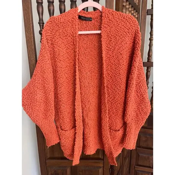 Zesica Popcorn Chunky Oversized‎ Cardigan Sweater Orange Womens Medium