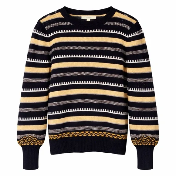 Loft Navy & Gold Striped Scallop Neck Sweater
