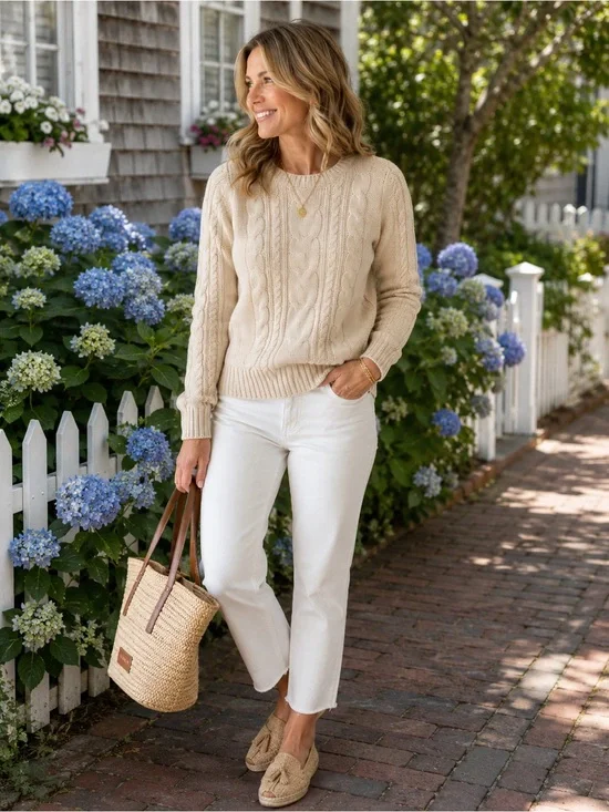 L.L. Bean Cable Knit Sweater | Cream Oatmeal Cotton Knit | Classic PreppyCoastal