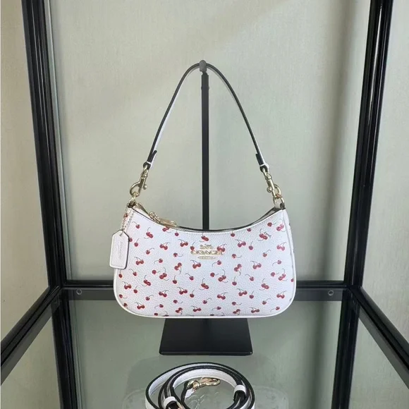 Coach White Leather Shoulder Bag with Red Cherry Print