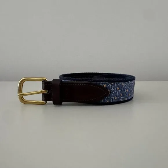 Vineyard Vines Blue Football Print Canvas Leather Belt Size 26 Brass Buckle