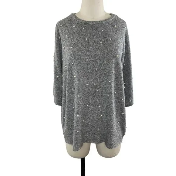 ZARA Trafaluc Gray Pearl Beaded 3/4 Sleeve Crew Neck Pullover Sweater Medium M