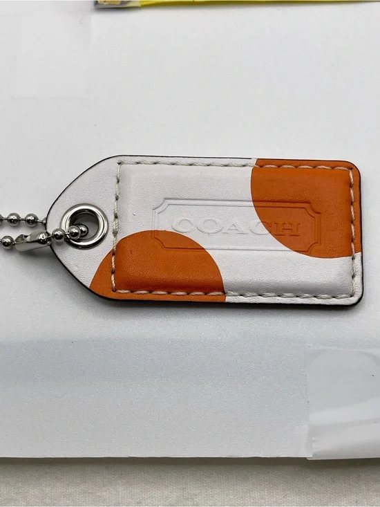 Coach XL White with Orange Dots Leather Hang Tag with Metal Ball Chain