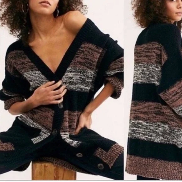 FREE PEOPLE SOUTHPORT BEACH WIDE STRIPE CARDIGAN BLACK COMBO SMALL MEDIUM