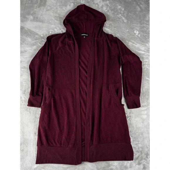 Inspired Hearts Cardigan Womens L Burgundy‎ Excellent Hooded Open Front Longline