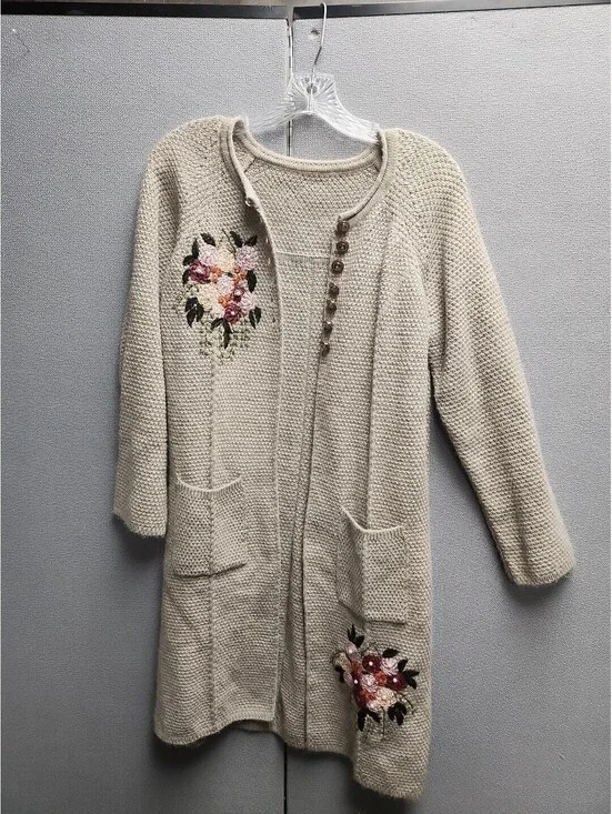 Simply Couture Embroidered Tan Sweater Cardigan Coat Asymmetrical Hem Small!.