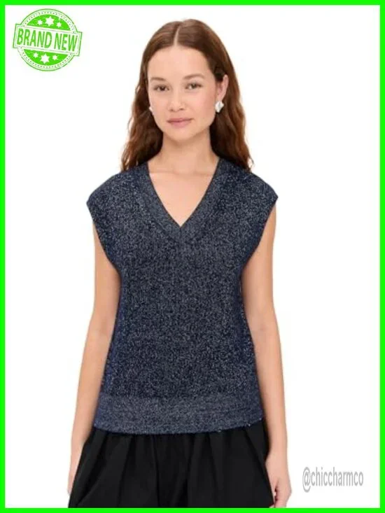 Metallic V-Neck Knit Sweater Vest Sleeveless