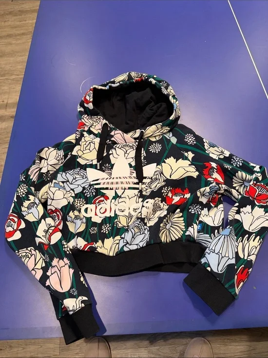 adidas Black Floral Print Cropped Hoodie Jacket