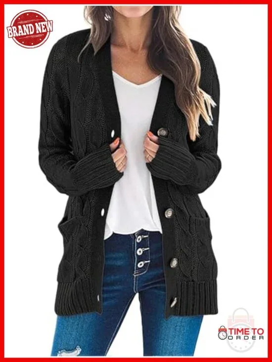 Cardigan Sweater for Women Cable Knit Open Front Button Chunky Long Sleeve