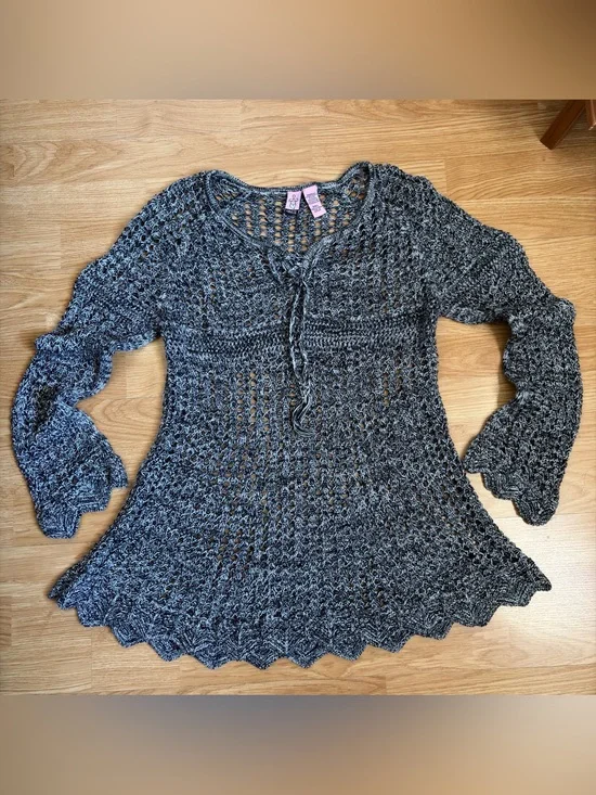 love on a hanger Gray Open-Knit Tie-Front Sweater