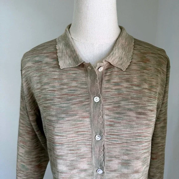 Vintage 100% Silk Space Dye Cardigan Scalloped Polo Medium Feminine Delicate