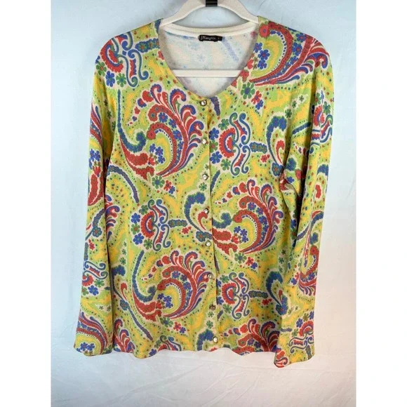 J.McLaughlin Womens Paisley Floral Cardigan Sweater Yellow Green Multi Size L