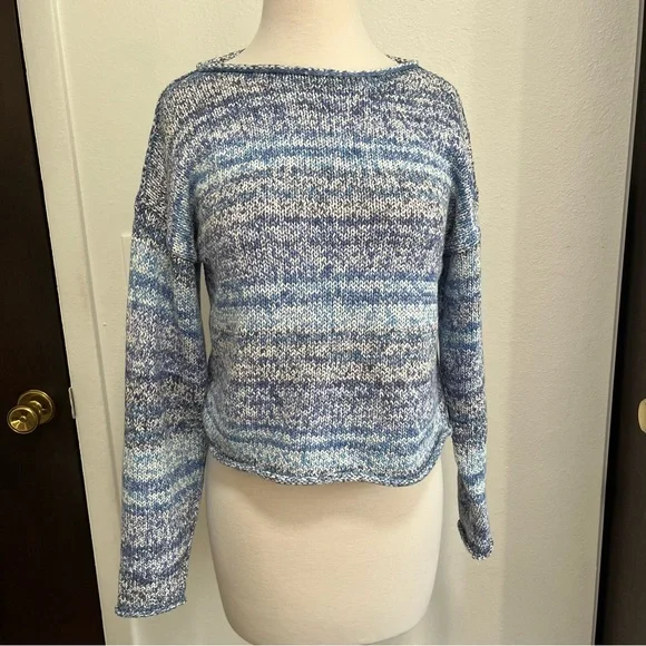Margaret O’Leary Blue White Space Dye Cropped Rolled Collar Sweater Womens XS