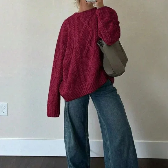 Burgundy Casual Women's Round Neck Cable Knit Long Sleeve Sweater