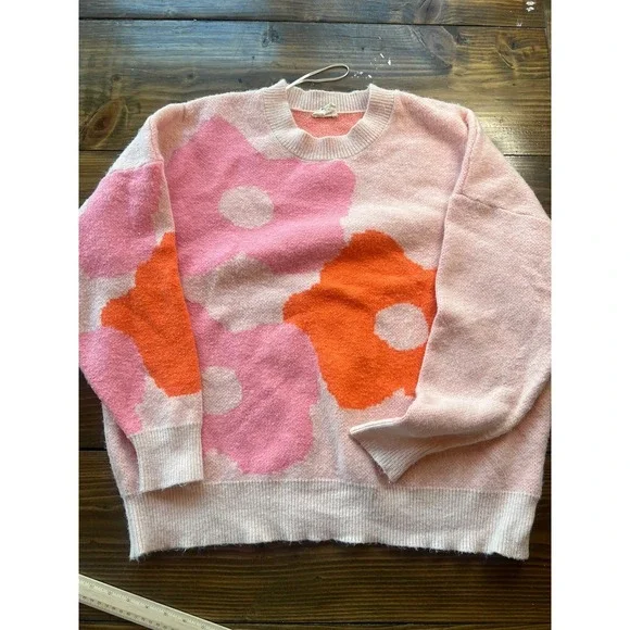 43 Story by Line Up‎ Pink Orange Floral Oversized Knit Crewneck Sweater Large