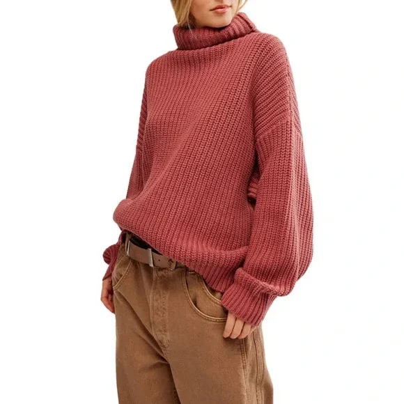 Free‎ People Swim Too Deep Turtleneck Sweater Rose Pink Oversized Knit XS
