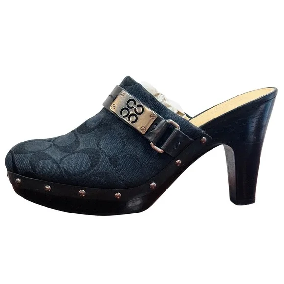 Coach Ivy Black Signature Jacquard Studded Wooden Platform Clogs Mules F2370 8B
